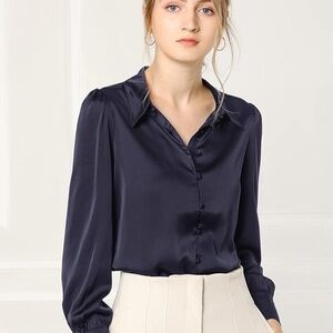 Allegra K Satin Sexy Professional Blouse XL Dark Blue Long Sleeves BRAND NEW
